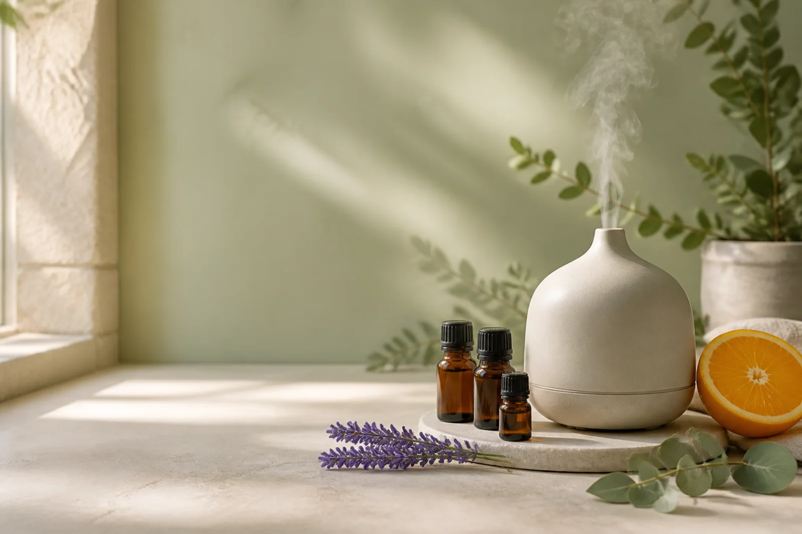 Difusor de aromas con aceites esenciales, lavanda y naranja